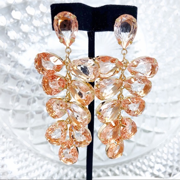 Prom Pageant Bridal Jewelry - Large Peach Crystal Statement Earrings